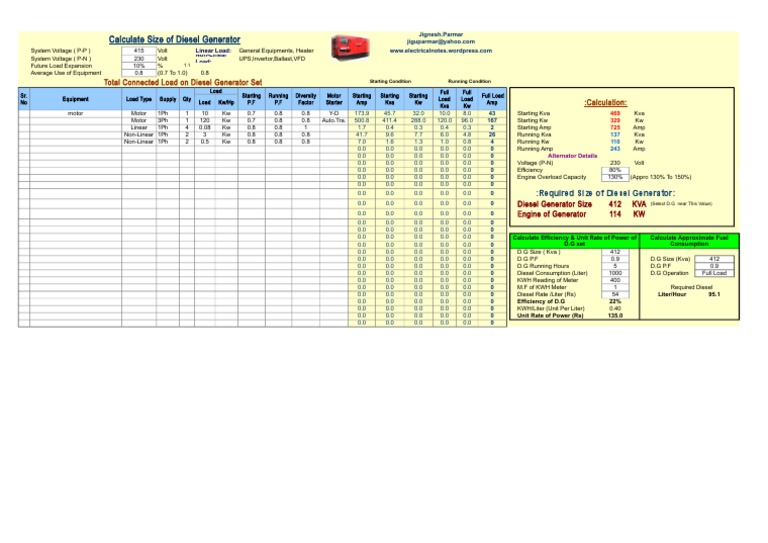 Calculate Size of Diesel Generator Total Connected Load On Diesel
