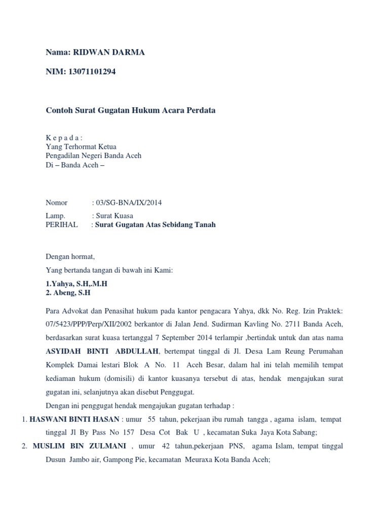 Contoh Surat Gugatan Hukum Acara Perdata