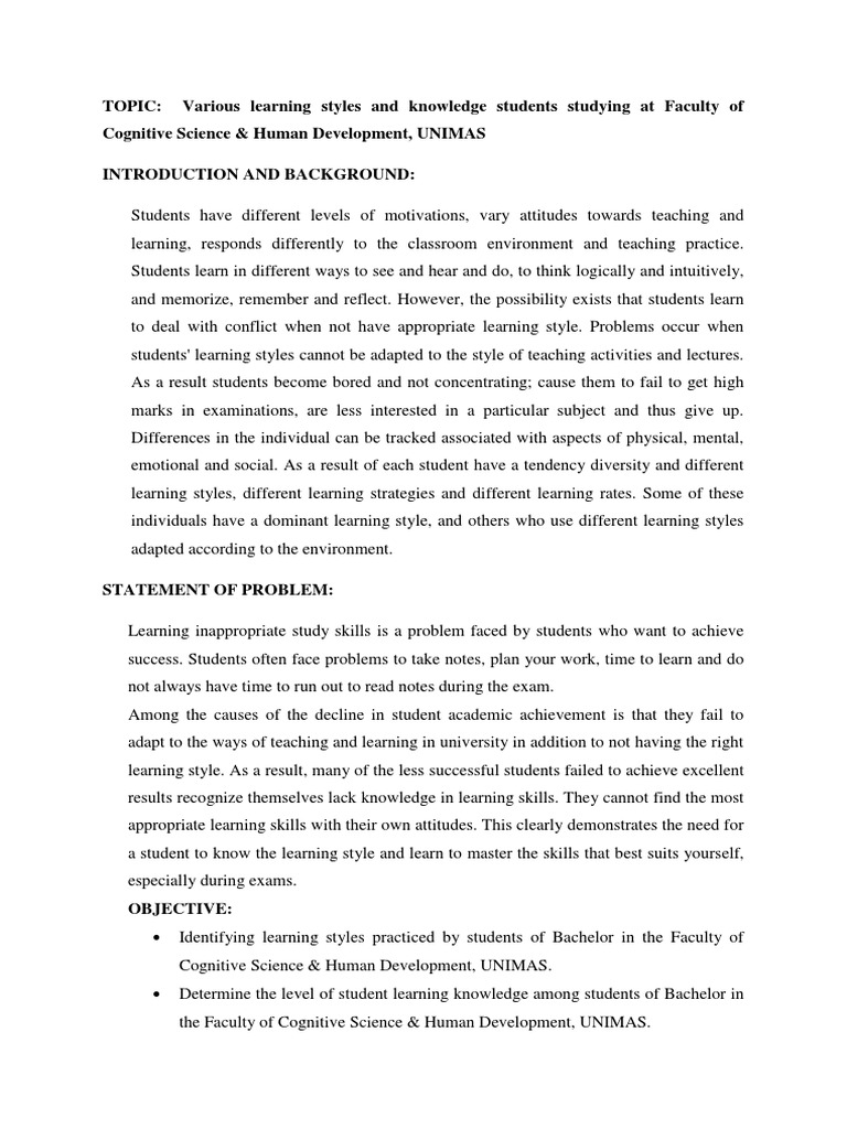 TOPIC: Various Learning Styles and Knowledge Students Studying at ...