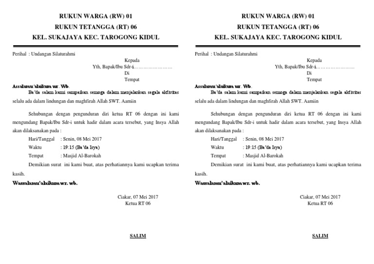 Surat Undangan Rencana Acara Silaturahmi Warga Rt02 Rw09