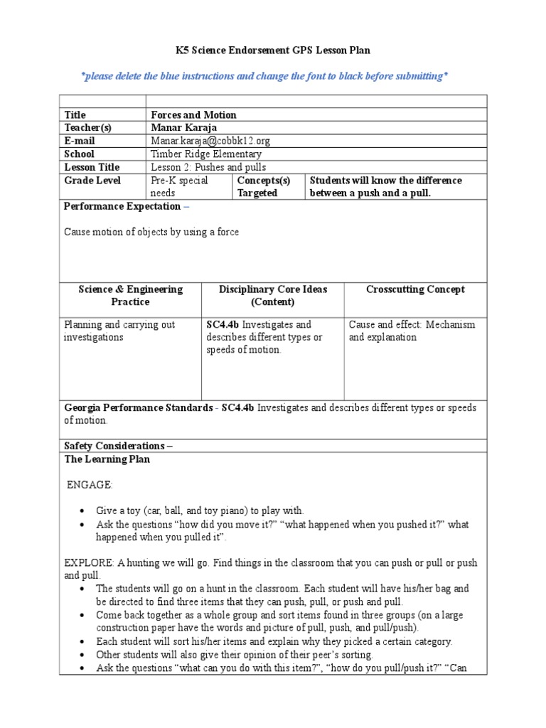 lesson 2 pushes and pulls Toys Lesson Plan