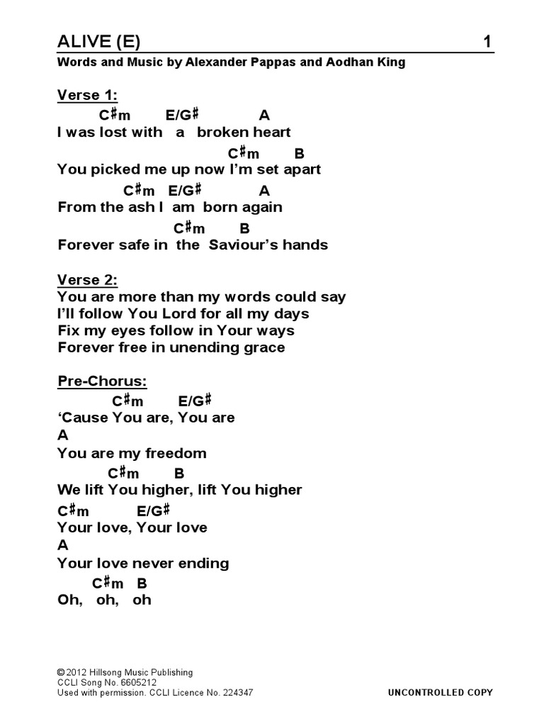Alive (E) 1: Words and Music by Alexander Pappas and Aodhan King | PDF