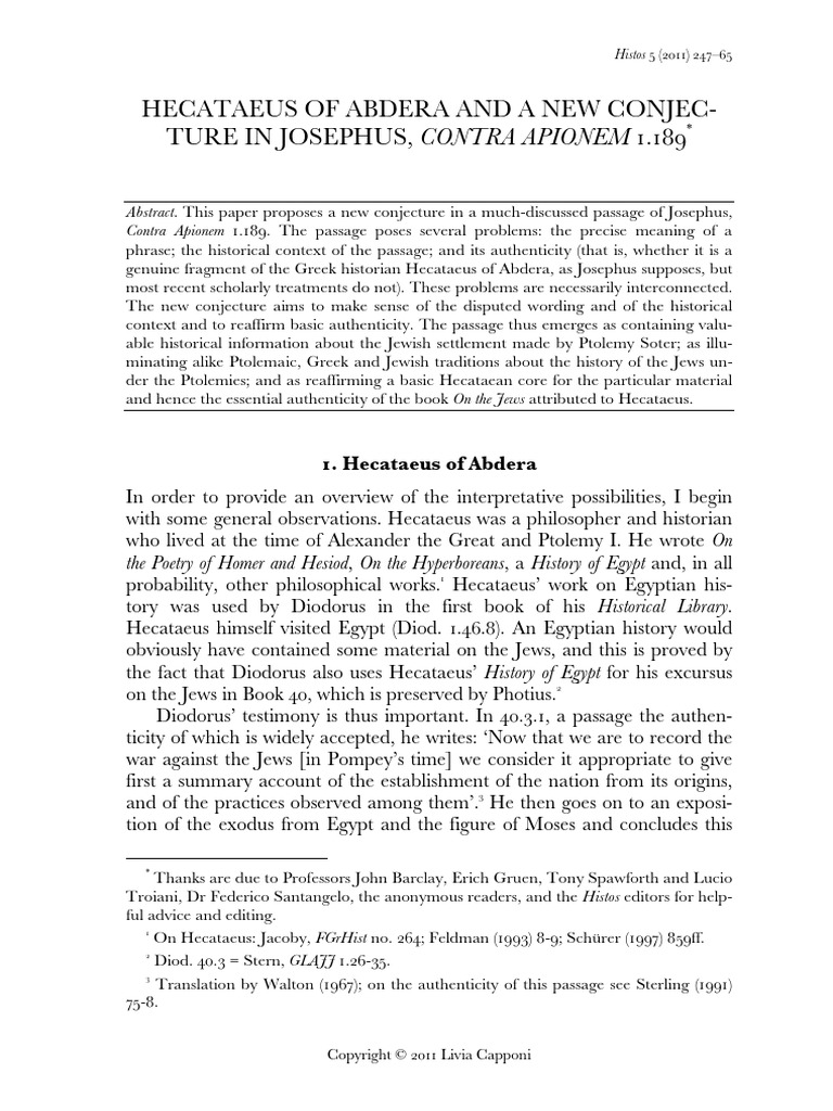 Hecataeus of Abdera and a New Conjecture Josephus Jews