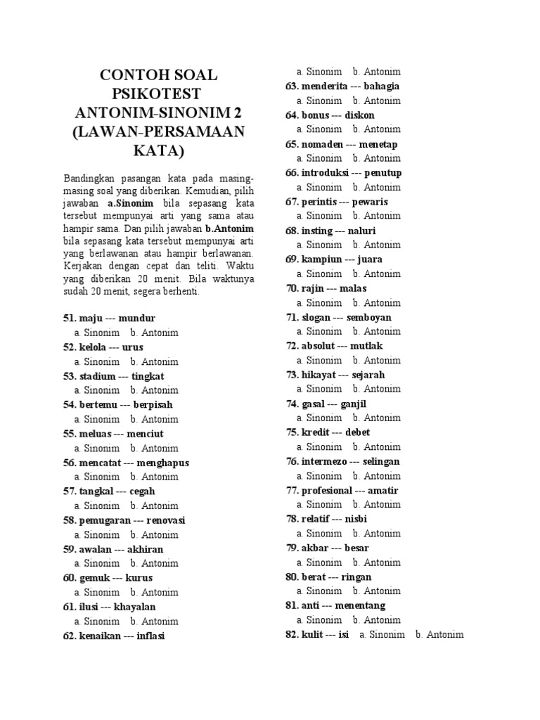 CONTOH SOAL PSIKOTES SINONIM-ANTONIM 2.pdf