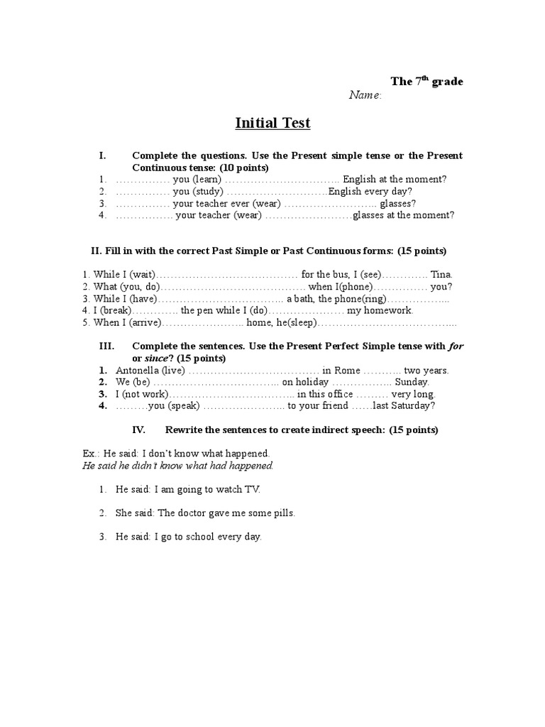 7th Grade Initial English Test | PDF | Language Arts & Discipline