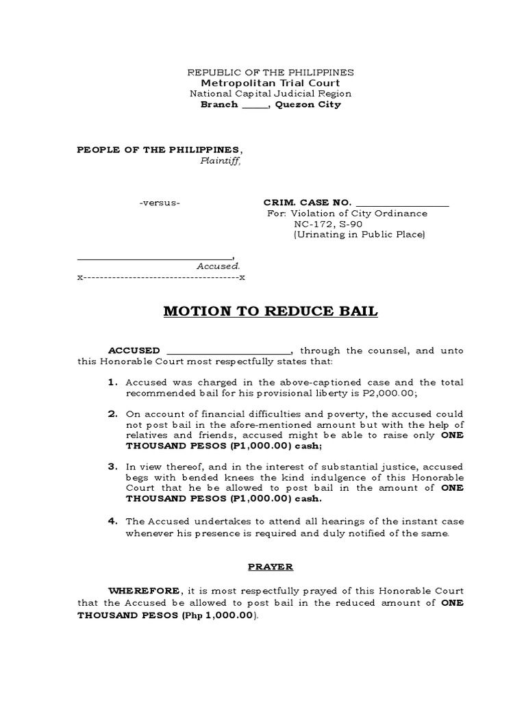 Motion to Reduce Bail Amount | PDF