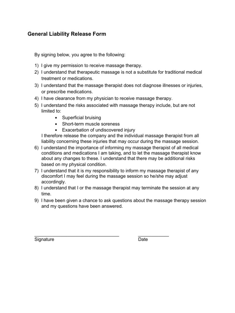 Massage Therapy Liability Release Form | PDF | Massage | Psychotherapy