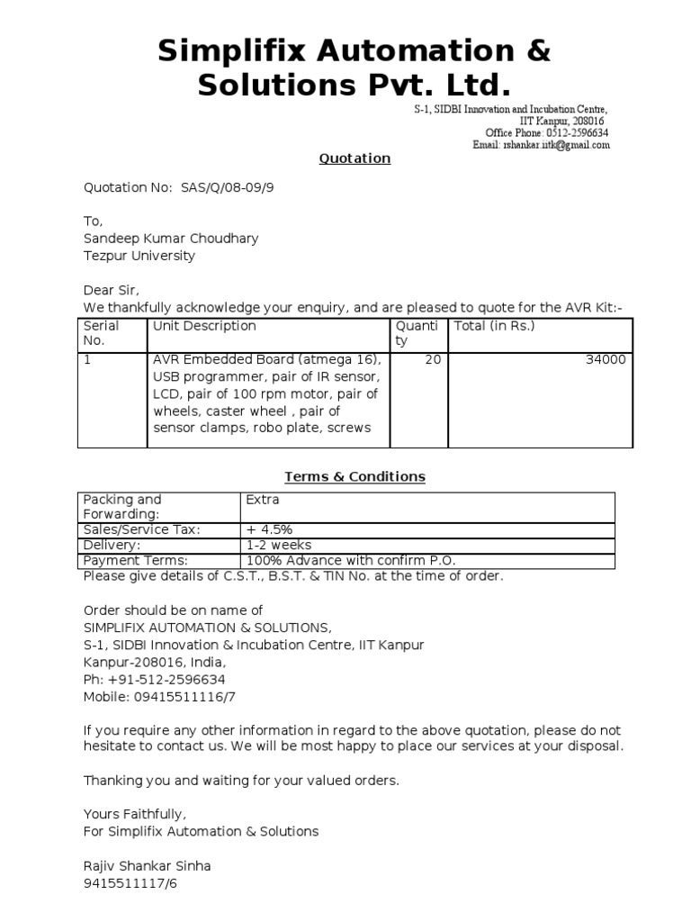 AVR Kit Quotation from Simplifix | PDF