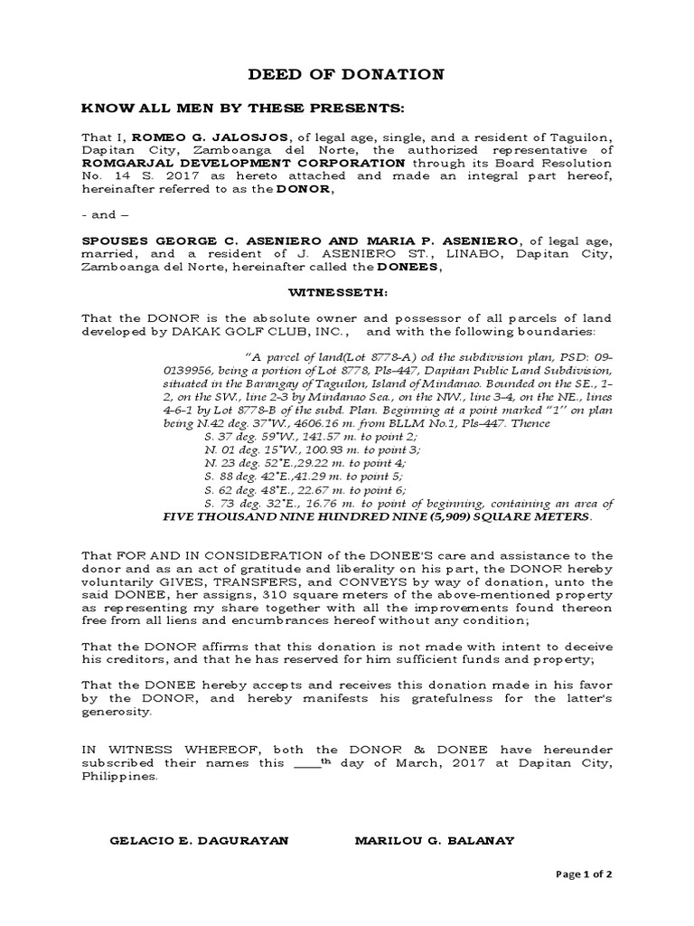 Deed of Donation Real Estate Land Law