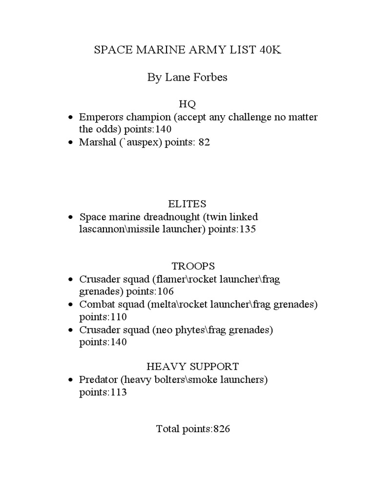 Space Marine Army List 40k PDF