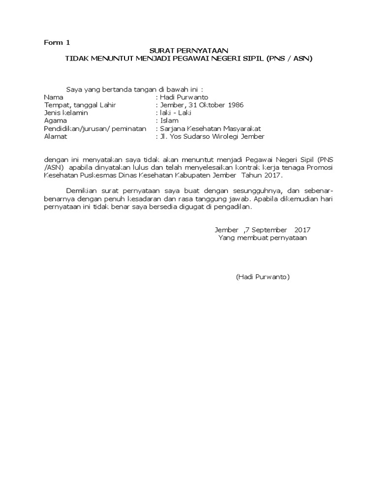 Contoh Surat Pengesahan Tidak Menuntut