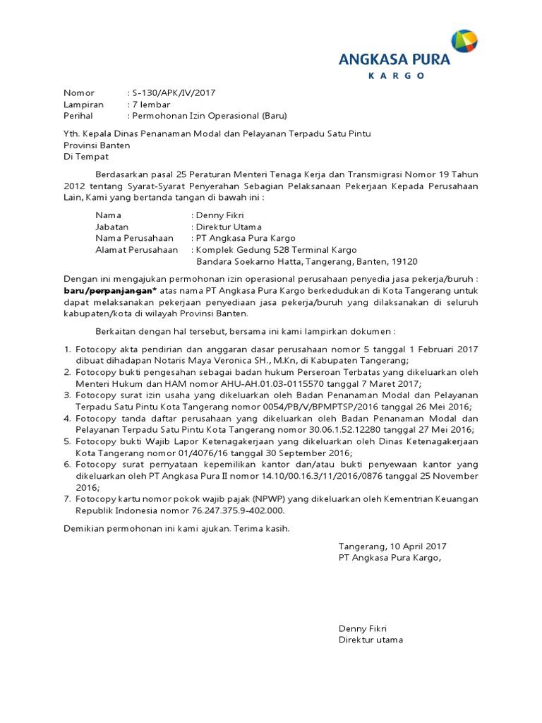 Surat Permohonan Izin Operasional Penyedia Jasa | PDF