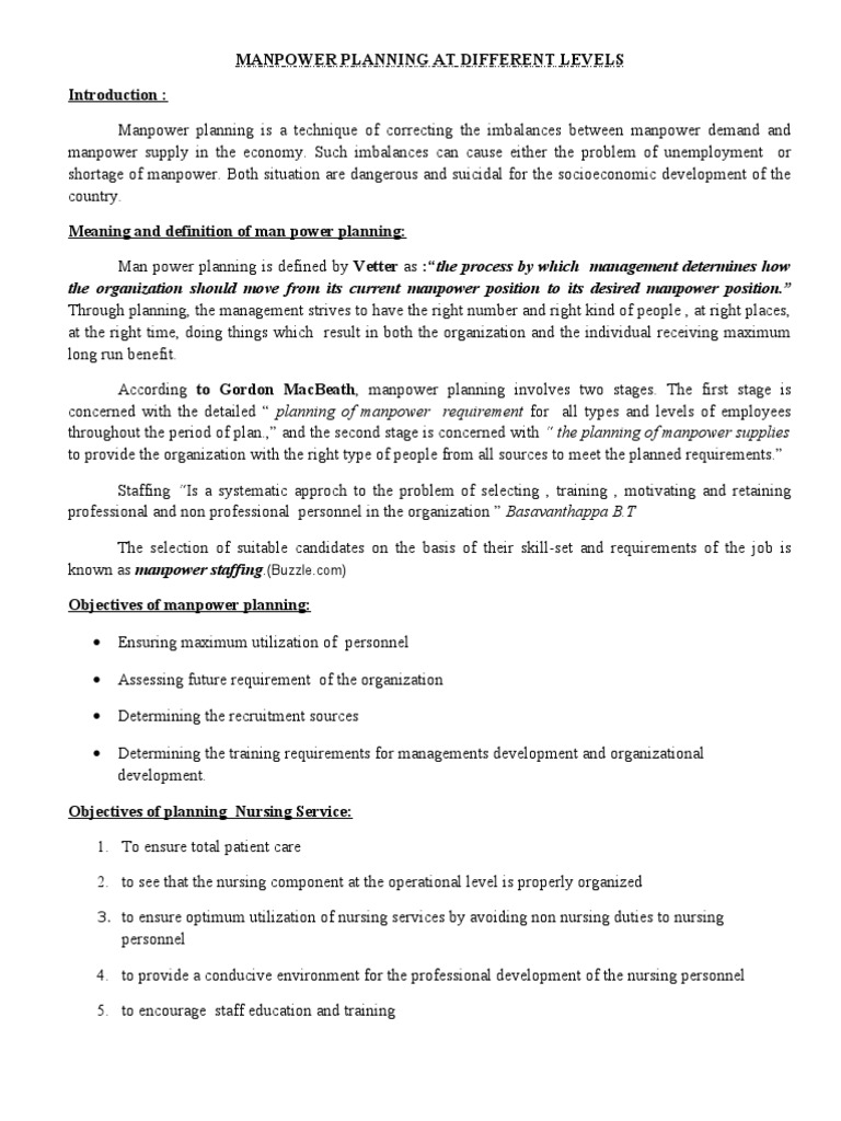 Manpower Planning at Different Levels Human Resources Employment