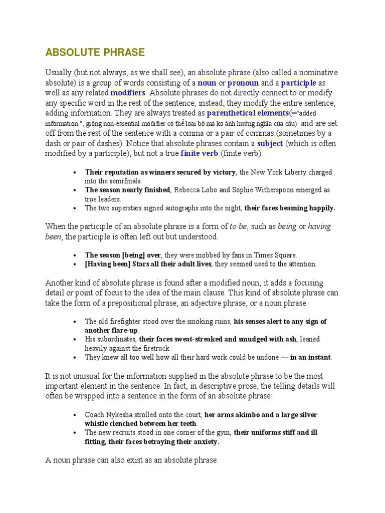 Absolute Phrase Subject (Grammar) Clause