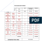 Table For Materials To Be Used and Its Prices: Estimated Total Price