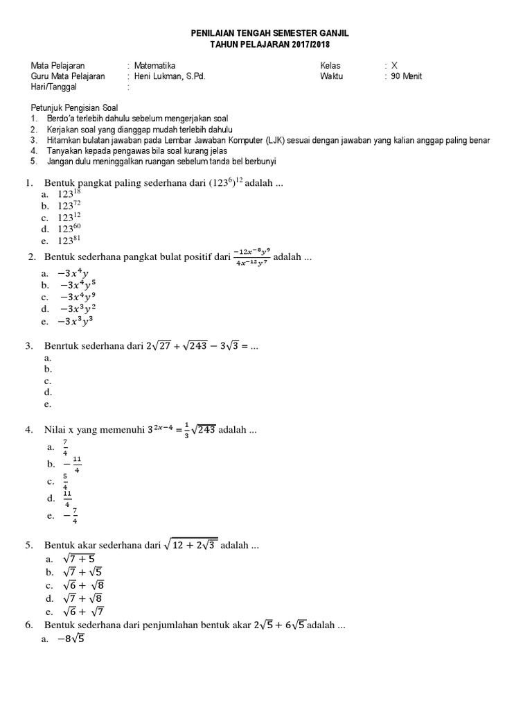 Contoh Soal Matematika Peminatan Kelas 10 Semester 1 - Contoh Soal Terbaru