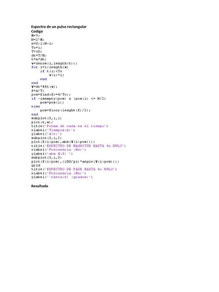 Espectro de Un Pulso Rectangular en Matlab | PDF