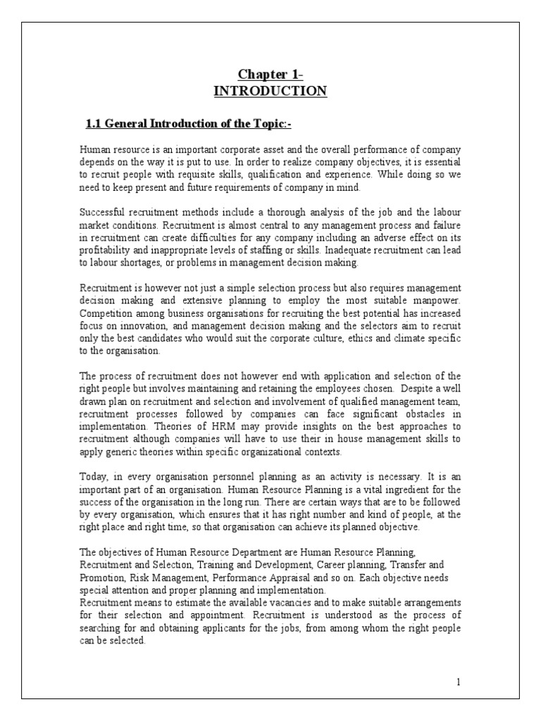 Chapter 1-: 1.1 General Introduction of The Topic | PDF | Recruitment |  Human Resources