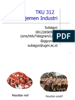 TKU 312 Manajemen Industri: Subagyo 081226569868 (sms/WA/Telegram/Line) @ggyyooya Subagyo@ugm - Ac.id