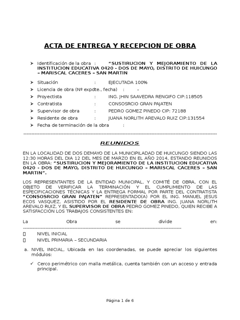 Acta de Entrega y Recepcion de Obra 2017 Negocios Science