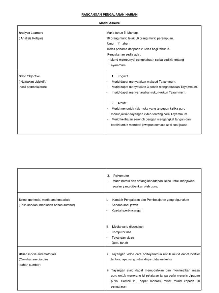 Rph Model Pengajaran Assure Tajuk Tayammum Tahun 5 Pdf