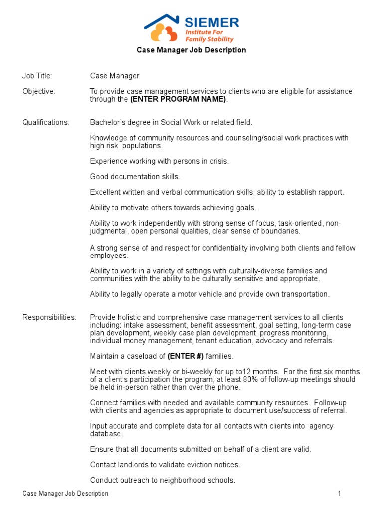 Case Manager Job Responsibilities Overview | PDF | Employment ...