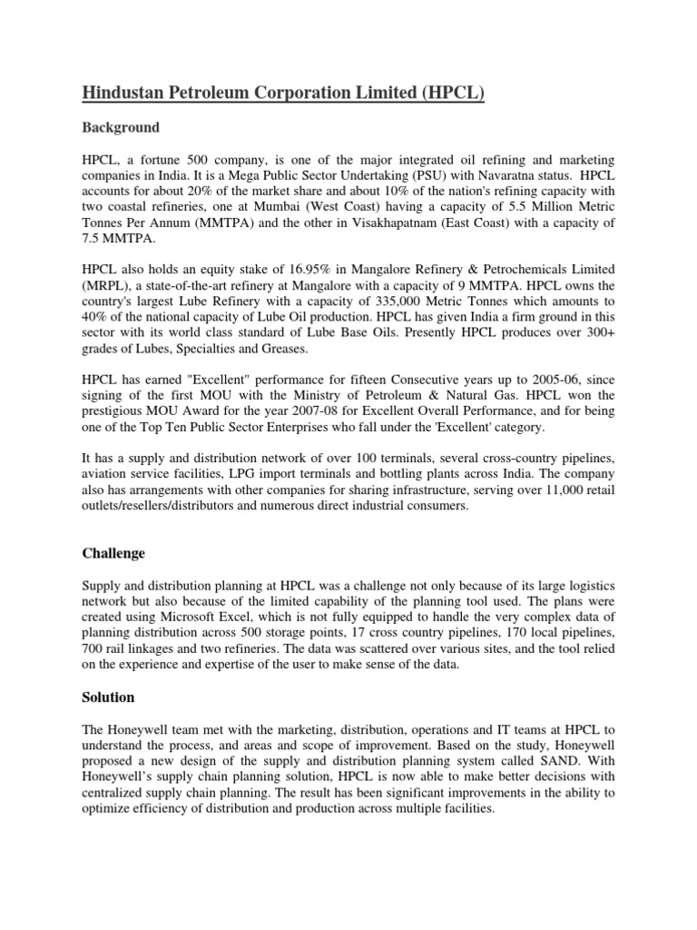 HPCL's Supply Chain Optimization with SAND | PDF | Business | Economies