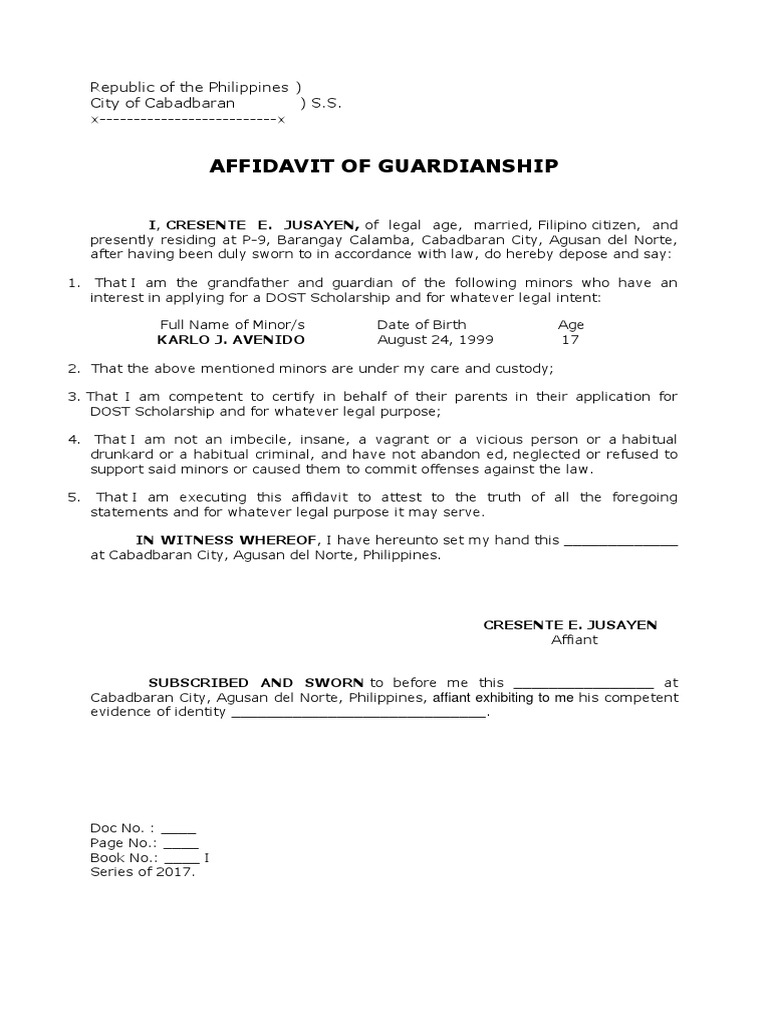 Affidavit of Guardianship  Affidavit  Legal Guardian