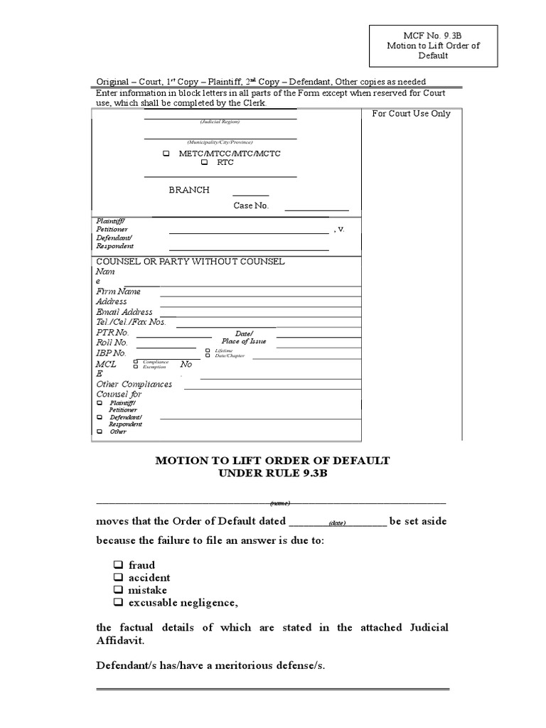 MCF 9.3B Motion To Lift Order of Default PDF Separation Of Powers