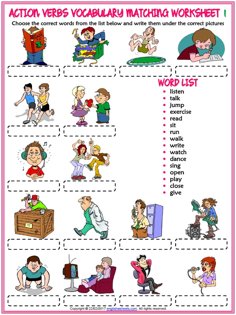 action verbs vocabulary esl matching exercise worksheets for kids pdf vocabulary linguistics