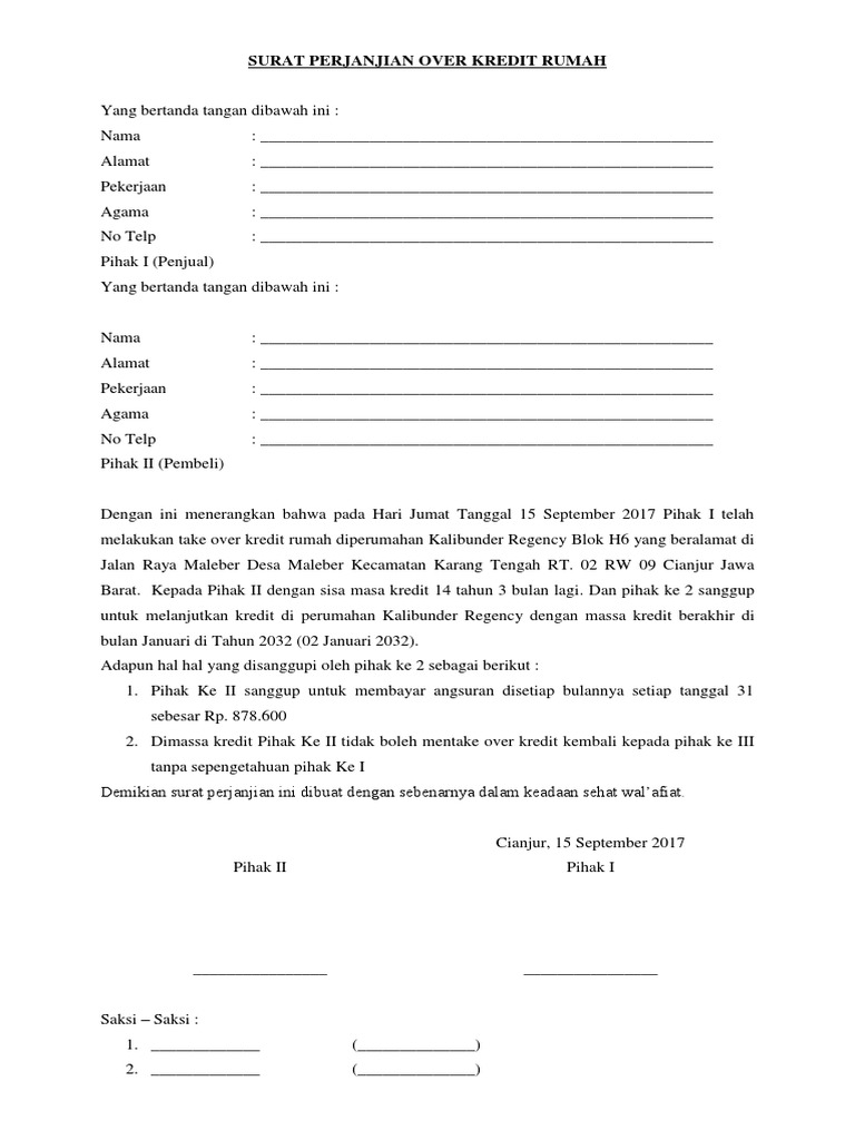 Surat Perjanjian Over Kredit Rumah Pdf