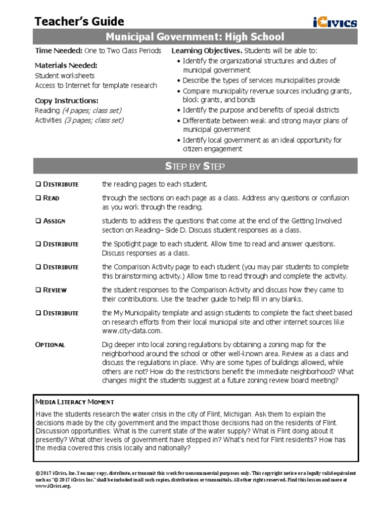 Municipal Govt ICivics Lesson Plan PDF Mayor Local Government