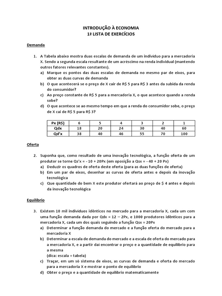 Exercícios de Demanda e Oferta em Economia | PDF | Demanda | Oferta ...