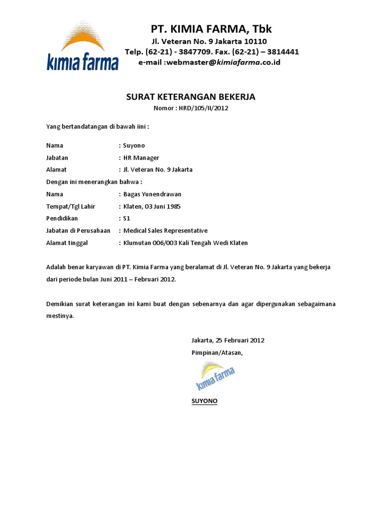 Contoh Surat Keterangan Kerja