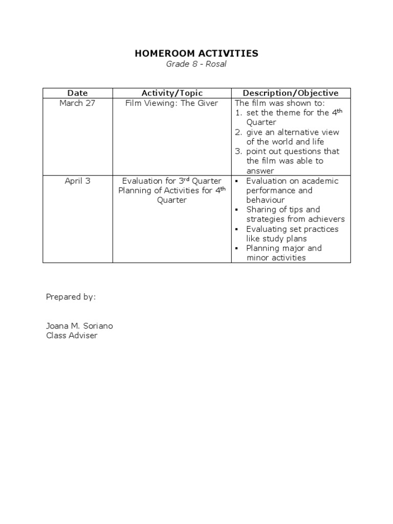 Grade 8 Homeroom Activities Overview | PDF