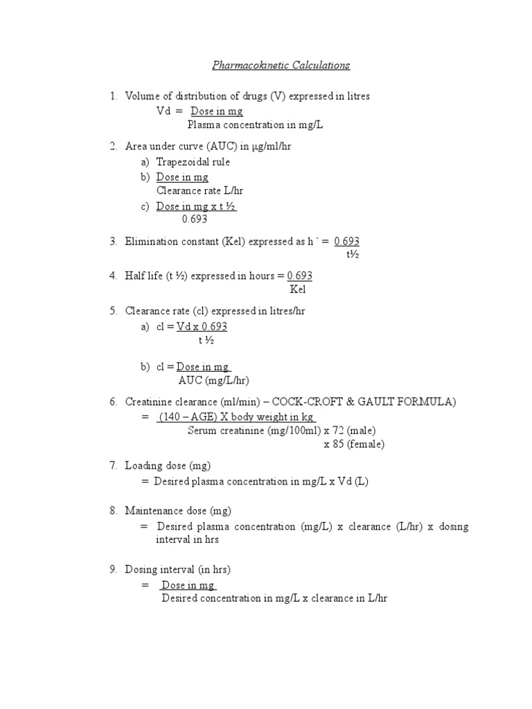 Pharmacokinetic Calculation Formulas | PDF