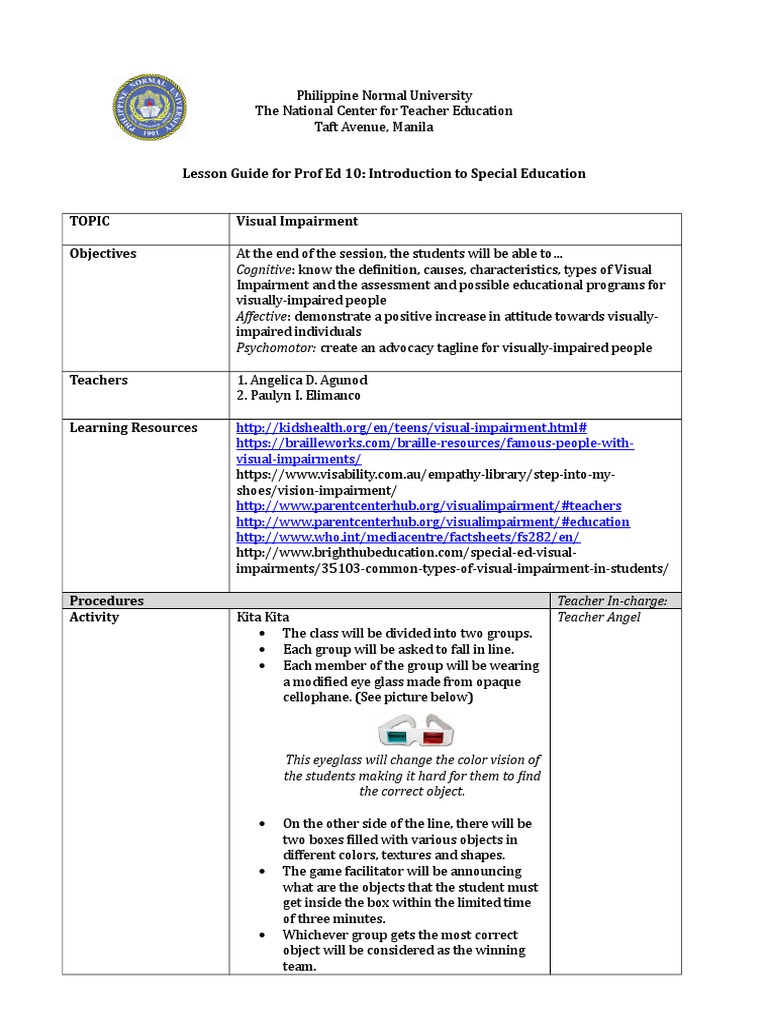 SPED Lesson Plan Guide PDF Visual Impairment Human Eye