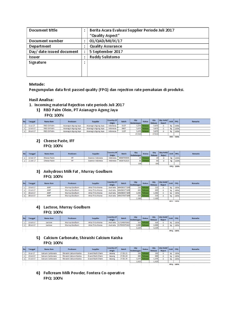 Evaluasi Supplier RMPM Bulan Juli | PDF