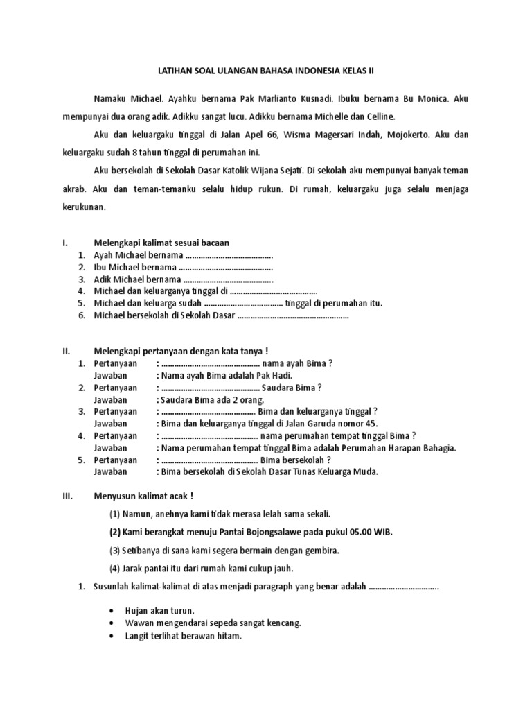 Latihan Soal Ulangan Bahasa Indonesia Kelas Ii