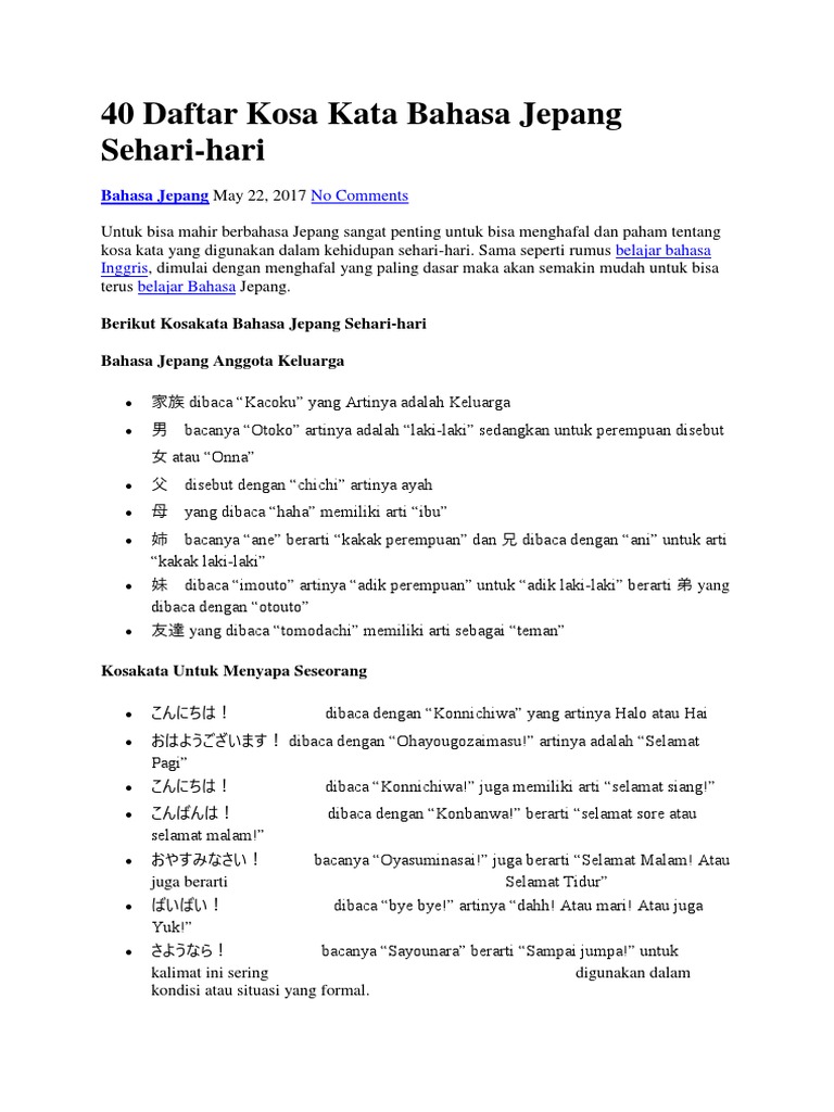 40 Daftar Kosa Kata Bahasa Jepang Sehari 40 Daftar Kosa Kata Bahasa Jepang Sehari
