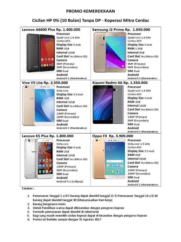 Promo Kemerdekaan Cicilan HP 0% (10 Bulan) Tanpa DP - Koperasi Mitra