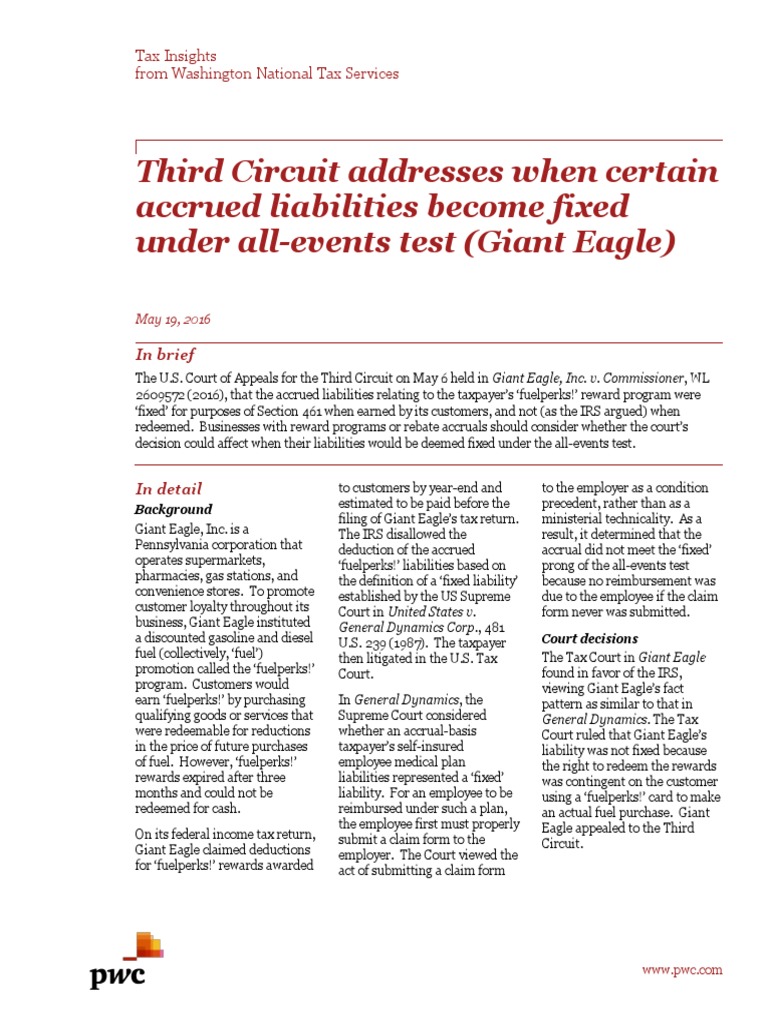 PWC Third Circuit Addresses When Certain Liabilities Become Fixed PDF ...