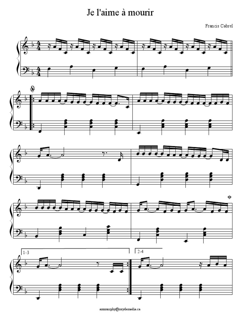 Je L Aime à Mourir Partition Pdf Cabrel - Je L'aime À Mourir | PDF | Tubes numéro 1 de Billboard | Chansons  écrites