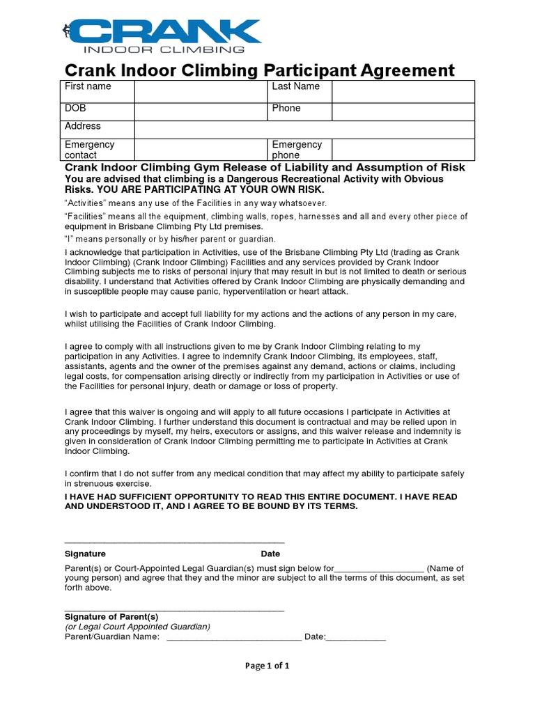 Rock Climbing Waiver Legal Guardian Indemnity Free 30day Trial
