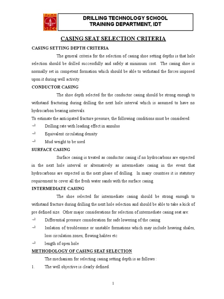 Casing Seat Selection and Depth Criteria | PDF | Casing (Borehole ...
