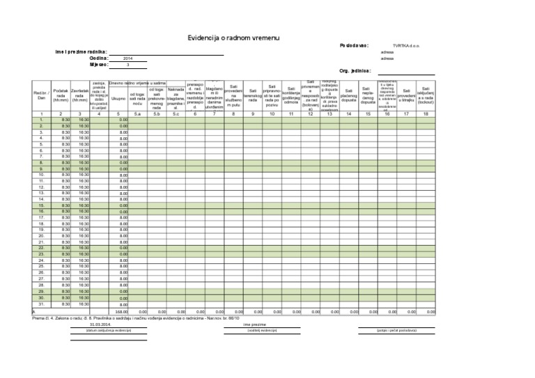 Evidencija Radnog Vremena | PDF