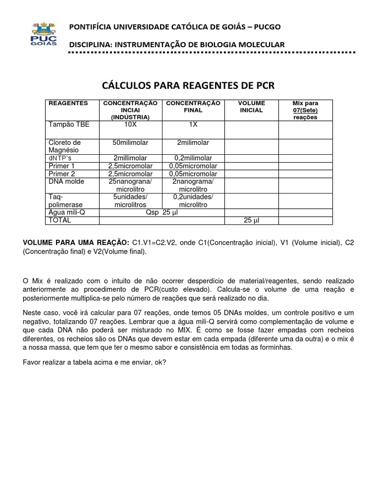 Cálculos de Reagentes para PCR | PDF | Ciências e Matemática