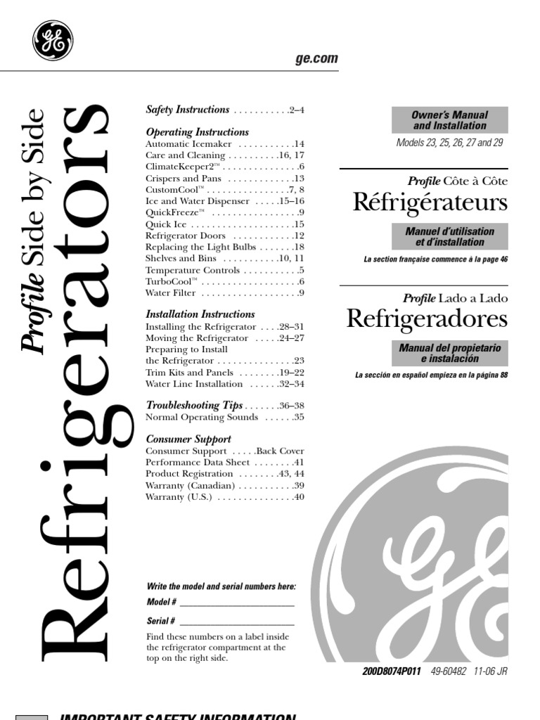 GE Profile Owners Manual Refrigerator Ac Power Plugs And Sockets