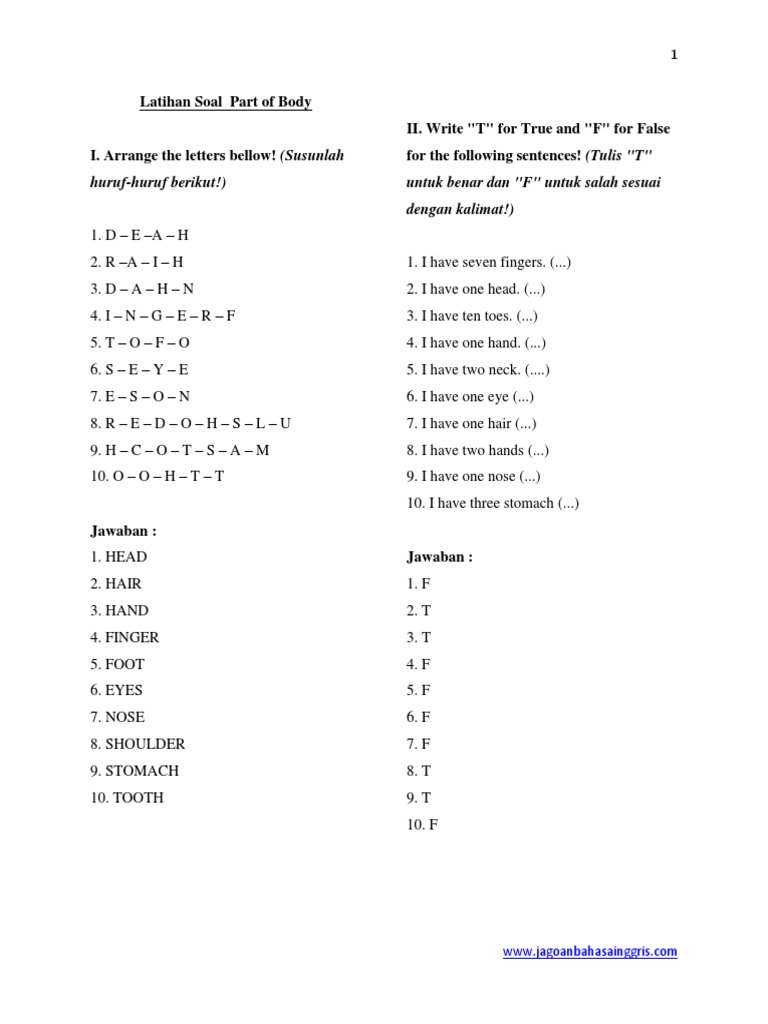 Latihan Soal Part Of Body