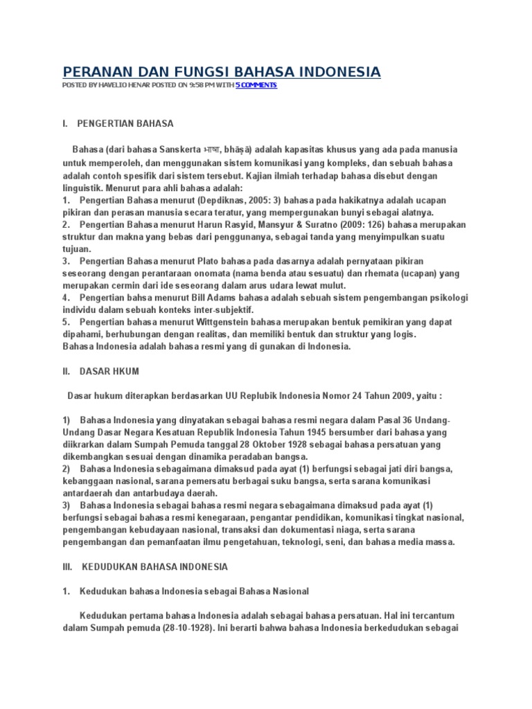Peranan Dan Fungsi Bahasa Indonesia
